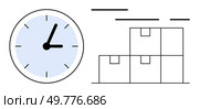 Clock showing efficient time management alongside stacked boxes representing organized inventory. Ideal for logistics, warehouse management, supply chain optimization, time management workflows. Efficient Inventory Management with Timely Monitoring and Organized Storage Solutions. Стоковая иллюстрация, агентство Ingram Publishing / Фотобанк Лори