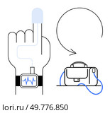 Hand with wearable health monitor on wrist and sensor on finger, transferring data to a briefcase with a digital interface. Ideal for healthcare, technology, telemedicine, wearables, fitness, data. Wearable Health Monitoring Device and Data Transfer to Portable Briefcase Storage. Стоковая иллюстрация, агентство Ingram Publishing / Фотобанк Лори