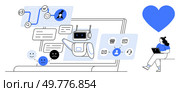 Bot and user chat on laptop against large blue heart. Ideal for tech support, customer service, AI, human-computer interaction, digital communication, client satisfaction, productivity. Line metaphor. Conversational AI supporting customer interactions through chatbot, user sitting with laptop, large heart symbol. Стоковая иллюстрация, агентство Ingram Publishing / Фотобанк Лори