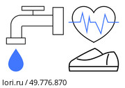 Water tap with drop, heartbeat symbol, and running shoe icon emphasizing health and fitness. Ideal for wellness programs, health campaigns, fitness centers, educational materials, lifestyle blogs. Healthy Living Concept with Water Tap, Heartbeat, and Running Shoe Icons. Стоковая иллюстрация, агентство Ingram Publishing / Фотобанк Лори