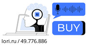 Human profile with AI chip in head, using voice command to initiate purchase. Ideal for e-commerce, smart devices, artificial intelligence, voice technology, innovation, consumer tech, digital. AI-Powered Voice Command System Enabling On-Device Purchases with Integrated Technology. Стоковая иллюстрация, агентство Ingram Publishing / Фотобанк Лори