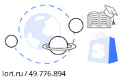 Earth and Saturn with their orbits shown alongside an open book with a graduation cap and a shopping bag. Ideal for education, space exploration, e-commerce, learning, and science technology themes. Earth and Planets with Education and Shopping Symbols in Simplistic Design. Стоковая иллюстрация, агентство Ingram Publishing / Фотобанк Лори