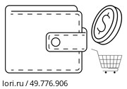 Wallet with a flap, coin marked with a dollar sign, and a shopping cart. Ideal for themes like personal finance, saving money, budgeting, shopping, and economic management. Simple line art. Minimalistic Wallet with Coin and Shopping Cart Symbolizing Finances and Shopping. Стоковая иллюстрация, агентство Ingram Publishing / Фотобанк Лори