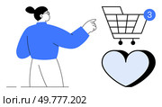 Woman pointing at shopping cart icon with 3 notification and heart symbol. Ideal for e-commerce, online shopping, digital marketing, product wishlist, customer engagement, mobile apps, basket. Woman pointing at shopping cart icon with notification and heart symbol, suggesting online shopping. Стоковая иллюстрация, агентство Ingram Publishing / Фотобанк Лори