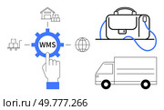 Gear labeled WMS with pointing hand, globe, parcels, warehouse, delivery truck, and briefcase. Ideal for logistics, warehouse management, automation, inventory control, supply chain courier. Warehouse Management System Automation with Gear, Hand, Parcel, and Delivery Truck Symbols. Стоковая иллюстрация, агентство Ingram Publishing / Фотобанк Лори