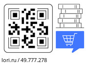 QR code next to stack of five books and blue speech bubble with shopping cart icon. Ideal for online shopping, e-commerce, digital libraries, bookstore apps, educational tools, QR marketing. Line. QR Code Linking to Online Library with Shopping Cart and Book Stack Icons. Стоковая иллюстрация, агентство Ingram Publishing / Фотобанк Лори
