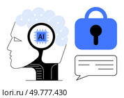 AI embedded in human brain, security padlock, and communication speech bubble. Ideal for technology, artificial intelligence, data security, cognitive science, machine learning. Minimalist vector. Conceptual Human Brain with AI Chip, Security Lock, and Dialogue Bubble Symbolizing AI, Security, and Communication. Стоковая иллюстрация, агентство Ingram Publishing / Фотобанк Лори