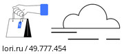 Hand holding a shopping bag with a discount tag and a minimalist cloud icon. Ideal for e-commerce, cloud services, online shopping, retail marketing, sales promotions, seasonal discounts. Hand Holding Shopping Bag with Discount Tag Next to Simple Cloud Icon in Minimalist Design. Стоковая иллюстрация, агентство Ingram Publishing / Фотобанк Лори