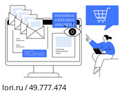 Computer screen showcasing emails, binary code, eye symbol, and shopping cart icon with a person on a laptop. Ideal for digital communication, email marketing, online shopping, cybersecurity. Digital Communication and Online Shopping Email Management and E-commerce Unified. Стоковая иллюстрация, агентство Ingram Publishing / Фотобанк Лори