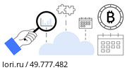 Hand holding magnifying glass over cloud with bar chart, puzzle pieces, three calendars, and Bitcoin coin. Ideal for financial analysis, cryptocurrency, cloud technology, scheduling, problem-solving. Decoding Financial Data with Magnifying Glass, Cloud, Calendar, Puzzle, and Bitcoin Symbols. Стоковая иллюстрация, агентство Ingram Publishing / Фотобанк Лори