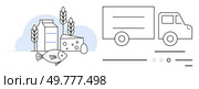 Food items thumbs up milk, fish, cheese, and produce prepared for transportation by a truck. Ideal for logistics, supply chain, food industry, delivery services, agriculture, retail, and market. Line. Food Delivery Milk, Cheese, Fish, and Produce Being Transported via Truck. Стоковая иллюстрация, агентство Ingram Publishing / Фотобанк Лори