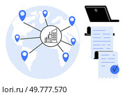 Blue location markers connected to a globe with a building in the center and a laptop and documents to the right Ideal for global business remote work documentation logistics and connectivity. Simple. Global Business Network with Location Markers Computer and Documents Simplified Visual Representation. Стоковая иллюстрация, агентство Ingram Publishing / Фотобанк Лори