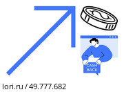 Blue arrow pointing upwards, a coin, and a person receiving cashback in a modern flat design. Ideal for financial growth, investment returns, cashback offers, economic success, and reward programs. Growth Arrow with Coin and Cashback Concept Highlighted with Minimalist Design. Стоковая иллюстрация, агентство Ingram Publishing / Фотобанк Лори