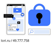 A smartphone displays various social media notifications beside a large padlock icon, indicating privacy. Ideal for social media, privacy, security, digital communication, mobile apps. Simple modern. Smartphone Social Media Notifications with Emphasis on Privacy and Security. Стоковая иллюстрация, агентство Ingram Publishing / Фотобанк Лори