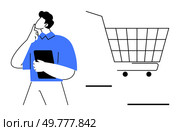 A person pondering while holding a tablet stands near a large shopping cart. Ideal for e-commerce shopping decision-making consumer behavior digital marketing and retail strategy discussions. Contemplative Shopper Beside a Large Shopping Cart. Стоковая иллюстрация, агентство Ingram Publishing / Фотобанк Лори