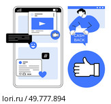Mobile screen displaying social media icons with user interactions like video, comments, likes, metadata tags and cashback. Ideal for social media, digital marketing, online engagement, mobile apps. Social Media Engagement Icons Depicting Online Interactions and Digital Marketing. Стоковая иллюстрация, агентство Ingram Publishing / Фотобанк Лори