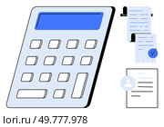 Large calculator with blue screen and white buttons. Right side has financial receipts and a document with a profile icon. Ideal for finance, accounting, budgeting, invoicing, audits. Large Blue and White Calculator with Financial Documents and Receipts. Стоковая иллюстрация, агентство Ingram Publishing / Фотобанк Лори