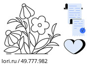 Black outlines of flowers with leaves and stems on the left. On the right a document checklist with a checkmark and a heart shape below. Ideal for nature, journaling, organization, love, minimalism. Simple Floral Design with Documents Checkbox and Heart Shape in a Modern Vector Art Style. Стоковая иллюстрация, агентство Ingram Publishing / Фотобанк Лори