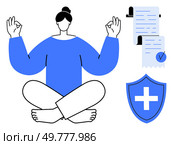 A person sits cross-legged in a meditative pose with a calm expression. Visible are insurance-related documents and a shield symbol with a cross. Ideal for mindfulness, wellness, insurance, health. Calm Person Meditating with Insurance Documents and Medical Shield Symbol in Minimalist Vector Design. Стоковая иллюстрация, агентство Ingram Publishing / Фотобанк Лори
