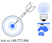 Bullseye with dart, light bulb, and person with cash back text. Ideal for business planning, financial growth, innovation, marketing strategies, goal setting. Minimalist clean style. Achieving Business Goals with Cash Back, Innovation, and Precision Targeting. Стоковая иллюстрация, агентство Ingram Publishing / Фотобанк Лори