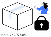 A large box, a customer service representative pointing, and a lock symbol. Ideal for delivery services, security, customer support, logistics, packaging safety themes. Minimalist design style. Secured Package Delivery Concept with Customer Service Representative and Lock Symbol. Стоковая иллюстрация, агентство Ingram Publishing / Фотобанк Лори