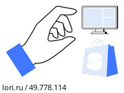 Hand is positioned as if pinching, with visible computer screen and shopping bag. Ideal for online shopping, e-commerce, digital marketing, user interface design, and retail technology. Outline. Online Shopping and E-commerce Concept with Hand Gestures and Shopping Icons. Стоковая иллюстрация, агентство Ingram Publishing / Фотобанк Лори