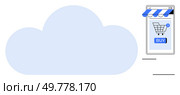 Large light blue cloud shape beside a smartphone with a shopping cart and buy button. Ideal for online shopping, cloud computing, mobile commerce, digital marketing, and convenience in purchasing. Digital Shopping Experience with Cloud Technology and Mobile Accessibility. Стоковая иллюстрация, агентство Ingram Publishing / Фотобанк Лори