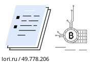 A document stack beside a Bitcoin symbol integrated with circuit lines. Ideal for blockchain, cryptocurrencies, digital finance, technology innovation, data management. Simple clean style. Digital Ledger Concept with Bitcoin Symbol and Document Stack. Стоковая иллюстрация, агентство Ingram Publishing / Фотобанк Лори