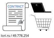 Contract document with signature a laptop and a shopping cart. Ideal for online agreements electronic signatures e-commerce business agreements and digital transactions. Vector. Simple clean design. Digital Contract with Laptop and Shopping Cart Imagery for Online Business Transactions. Стоковая иллюстрация, агентство Ingram Publishing / Фотобанк Лори
