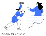 Woman lifting dumbbells during a workout, instructor pointing at a growth chart with upward trend. Ideal for fitness, health, coaching, progress tracking, and personal growth themes. Modern. Woman Exercising with Dumbbells and Trainer Pointing at Growth Chart for Fitness Progress. Стоковая иллюстрация, агентство Ingram Publishing / Фотобанк Лори