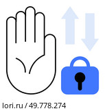 Hand raised with palm visible next to padlock and upward downward arrows. Ideal for security, access control, entry permissions, biometric authentication, and privacy protection. Simple minimal. Hand Gesture with Lock Symbol and Arrows for Security and Access Control. Стоковая иллюстрация, агентство Ingram Publishing / Фотобанк Лори