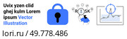 Blue padlock representing security, person analysing risk with exclamation mark, graph with a target. Ideal for data protection, cybersecurity, risk management, performance analysis, business. Secure Data Protection with Risk Management and Performance Analysis. Стоковая иллюстрация, агентство Ingram Publishing / Фотобанк Лори