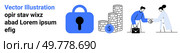 Two people exchange a key as symbol of trust in business dealings. Coins and a lock highlight financial security. Ideal for finance, security, business, technology, cooperation. Banner for landing. Secure Transactions and Financial Growth with Business Agreements and Data Protection. Стоковая иллюстрация, агентство Ingram Publishing / Фотобанк Лори