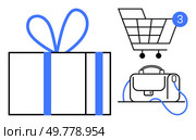 Gift box with ribbon, shopping cart with notification bubble, and briefcase. Ideal for online shopping, gift-giving, retail, business, e-commerce, holiday promotions, and marketing. Line metaphor. Gift Wrapped Present, Shopping Cart, and Briefcase Line Art with Blue Highlights. Стоковая иллюстрация, агентство Ingram Publishing / Фотобанк Лори
