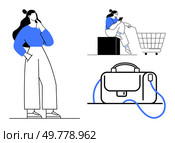 Woman thinking with hand on chin, person using smartphone near shopping cart, and briefcase. Ideal for lifestyle, shopping, business, productivity, technology, decision making, daily activities. Line. Woman Pondering, Shopping with Cart, and Business Briefcase Highlighting Modern Lifestyle. Стоковая иллюстрация, агентство Ingram Publishing / Фотобанк Лори