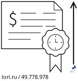 Certificate containing dollar sign, lined text, and clock on ribbon, accompanied by an upward arrow. Ideal for finance, education, achievement, business, investment, career growth, goal setting. Line. Certificate with Dollar Sign and Upward Arrow Symbolizing Financial Growth and Achievement. Стоковая иллюстрация, агентство Ingram Publishing / Фотобанк Лори