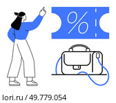 Woman pointing at discount coupon symbol next to a briefcase, indicating business savings. Ideal for business promotions, sales, financial planning, office supplies, advertisements, loyalty programs. Woman Pointing Towards Discount Coupon and Briefcase, Highlighting Business Savings Concept. Стоковая иллюстрация, агентство Ingram Publishing / Фотобанк Лори