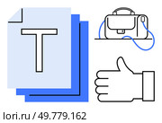 Stack of documents with large T, simple line-drawn briefcase, thumbs-up hand gesture. Ideal for business, communication, agreements, document management, office work, positive feedback. Thumbs-Up Hand Gesture, Stack of Documents, and Briefcase for Business Communication Theme. Стоковая иллюстрация, агентство Ingram Publishing / Фотобанк Лори