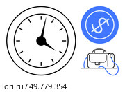 Large clock face showing different time, blue dollar sign in circle, and briefcase with handle. Ideal for business, finance, time tracking, project management, productivity, career, and scheduling. Time management and financial planning concept with clock, dollar sign, and briefcase icons. Стоковая иллюстрация, агентство Ingram Publishing / Фотобанк Лори