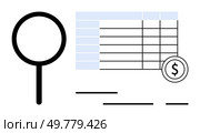 Magnifying glass examining a financial spreadsheet with a dollar symbol in the corner. Ideal for financial analysis, budgeting, accounting, auditing, business reports, finance education, market. Magnifying Glass Examining Financial Spreadsheet with Dollar Symbol for Financial Analysis. Стоковая иллюстрация, агентство Ingram Publishing / Фотобанк Лори