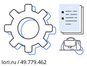 Large gear icon beside stacked documents and briefcase representing productivity, planning, and organization in business. Ideal for presentations, workflow diagrams, business strategy, project. Gear and documents with a briefcase highlighting productivity, strategy, and organization. Стоковая иллюстрация, агентство Ingram Publishing / Фотобанк Лори