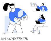 Team members engage in activities like environmental conservation, financial analysis, and remote work. Ideal for teamwork, environmental awareness, financial planning, remote collaboration. Collaborative Teamwork in Financial and Environmental Projects for a Sustainable Future. Стоковая иллюстрация, агентство Ingram Publishing / Фотобанк Лори