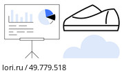 Business chart with line graph and pie chart on tripod stand, casual shoe outline, and cloud. Ideal for presentations, business, lifestyle, fashion, casual wear, market research, and infographics. Business Presentation Chart and Casual Shoe Over Cloud Representation in Minimalistic Style. Стоковая иллюстрация, агентство Ingram Publishing / Фотобанк Лори