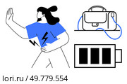 Individual holding chest as if in discomfort, a briefcase with a charging cable, and a low battery icon. Ideal for health awareness, work-life balance, technology overload, energy management, stress. Person experiencing chest pain, briefcase with charging wire, and battery icon with low charge. Стоковая иллюстрация, агентство Ingram Publishing / Фотобанк Лори