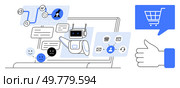 AI chatbot interacting with users via text bubbles, emoticons, and connection symbols on a laptop. Ideal for customer service, e-commerce, online shopping, AI technology, user interaction, digital. AI-powered chatbot responding to customer queries on laptop with key icons related to e-commerce. Стоковая иллюстрация, агентство Ingram Publishing / Фотобанк Лори