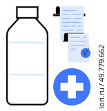 Medical bottle beside a checklist and a blue cross symbol Ideal for pharmacy, healthcare, medication, prescriptions, and medical records themes Simple line art style, clean and functional. Medical Prescription Bottle with Cross Symbol and Checklist of Medications. Стоковая иллюстрация, агентство Ingram Publishing / Фотобанк Лори