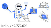 Multifunctional robot with multiple arms engaging in legal, health, and automation tasks, carrying a briefcase, and focusing on AI. Ideal for technology, automation, AI, legal tech, health tech. Multifunctional Robot Engaged in Various Activities Including Legal, Health, and Technological Tasks. Стоковая иллюстрация, агентство Ingram Publishing / Фотобанк Лори