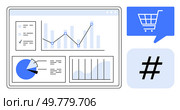 Laptop screen displaying various data charts and graphs with a shopping cart icon and metadata tag symbol. Ideal for marketing, e-commerce, social media, business analysis, data visualization, market. Digital marketing analytics featuring charts, shopping cart icon, and metadata tag symbol for modern business insights. Стоковая иллюстрация, агентство Ingram Publishing / Фотобанк Лори