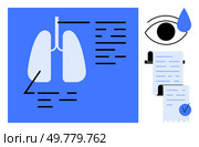 Blue and white graphical representation of lungs with black lines and text. Black outlined eye with a blue tear. Receipt paper with text and checkmark. Ideal for medical, diagnostics, healthcare. Simplified Medical and Document Analysis Representation with Lungs, Eye, and Checkmarks. Стоковая иллюстрация, агентство Ingram Publishing / Фотобанк Лори