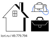 House with window and chimney, modern handbag with blue strap, classic briefcase. Ideal for work-life balance, telecommuting, real estate, business travel, home office setup, lifestyle, work culture. Duality of Work and Home Life Through Simple Illustrative Elements. Стоковая иллюстрация, агентство Ingram Publishing / Фотобанк Лори